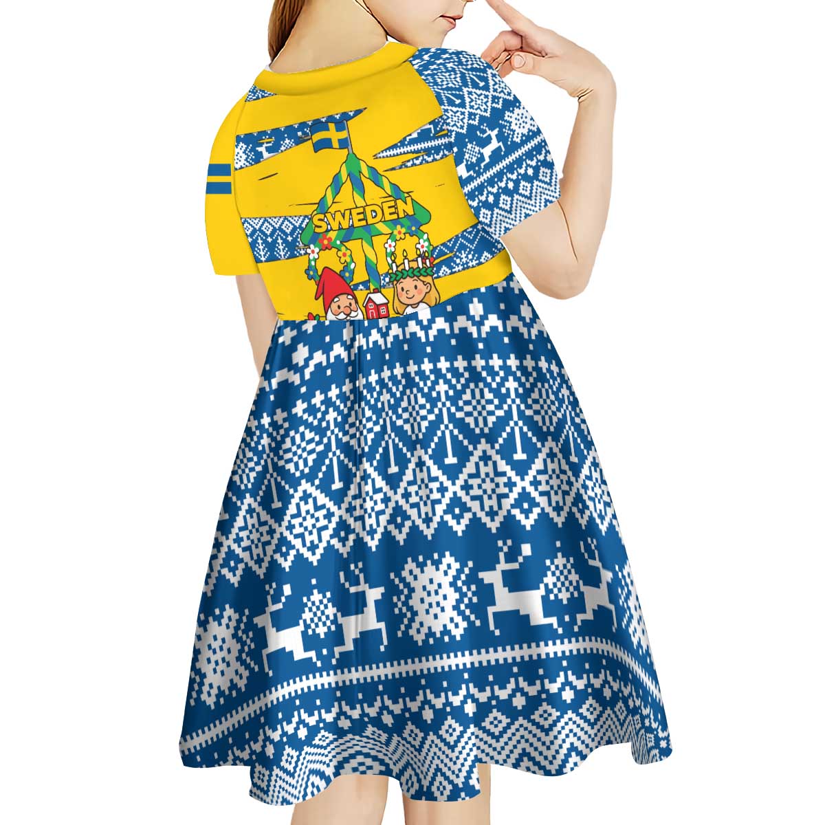 Sweden Christmas Kid Short Sleeve Dress with Santa Lucia Girl Midsummer Pole Swedish Flag and Nordic Pattern Design - Wonder Print Shop