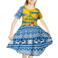Sweden Christmas Kid Short Sleeve Dress with Santa Lucia Girl Midsummer Pole Swedish Flag and Nordic Pattern Design - Wonder Print Shop