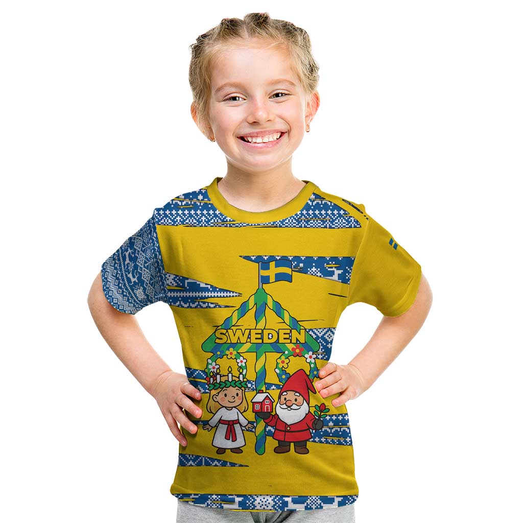 Sweden Christmas Kid T Shirt with Santa Lucia Girl Midsummer Pole Swedish Flag and Nordic Pattern Design - Wonder Print Shop