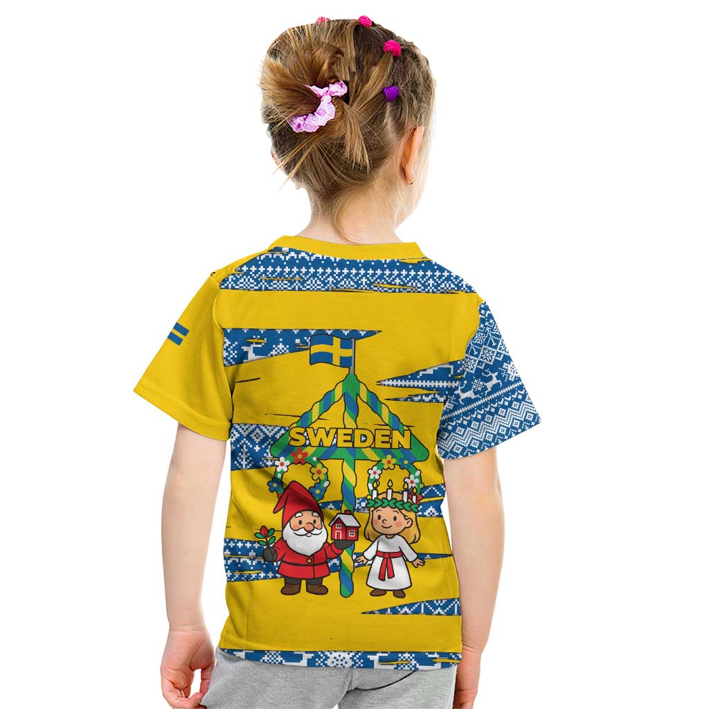 Sweden Christmas Kid T Shirt with Santa Lucia Girl Midsummer Pole Swedish Flag and Nordic Pattern Design - Wonder Print Shop