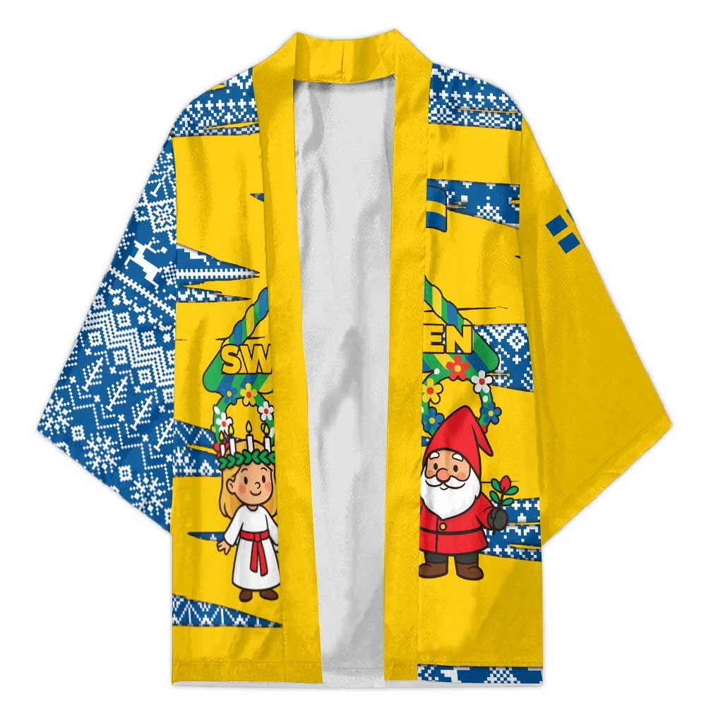 Sweden Christmas Kimono with Santa Lucia Girl Midsummer Pole Swedish Flag and Nordic Pattern Design - Wonder Print Shop