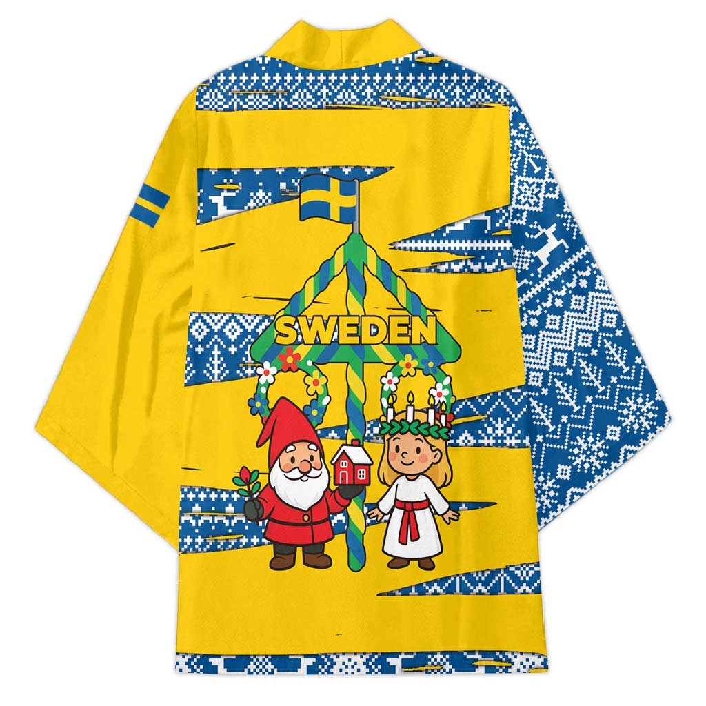 Sweden Christmas Kimono with Santa Lucia Girl Midsummer Pole Swedish Flag and Nordic Pattern Design - Wonder Print Shop