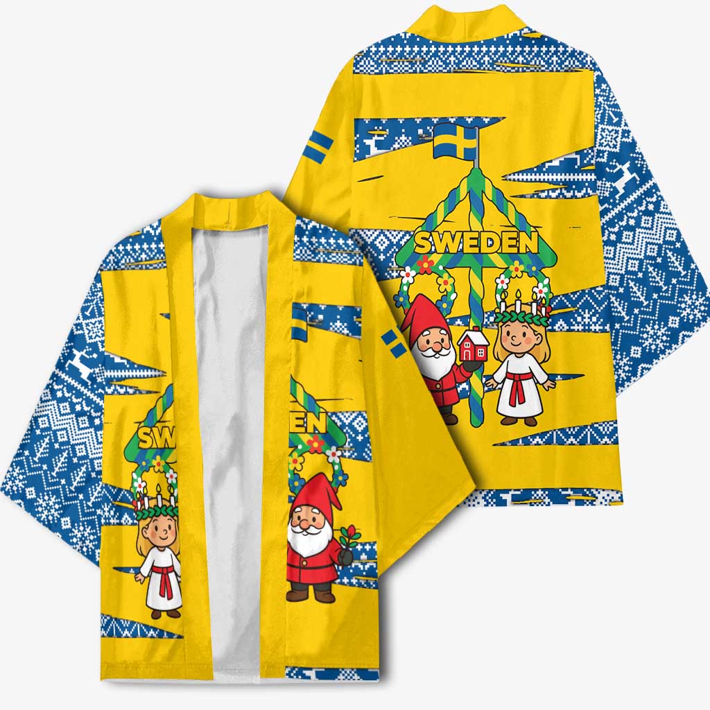Sweden Christmas Kimono with Santa Lucia Girl Midsummer Pole Swedish Flag and Nordic Pattern Design - Wonder Print Shop