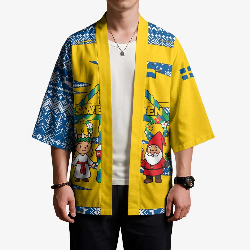 Sweden Christmas Kimono with Santa Lucia Girl Midsummer Pole Swedish Flag and Nordic Pattern Design - Wonder Print Shop