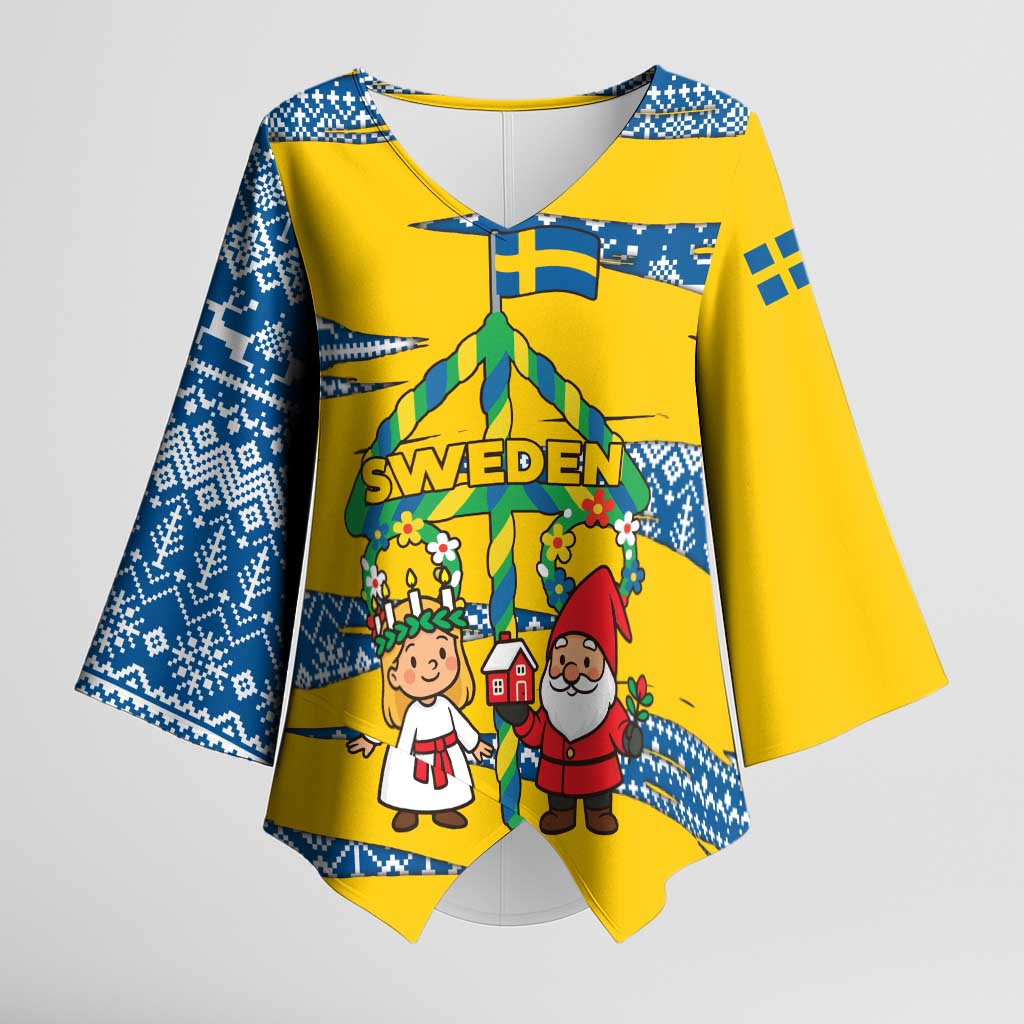 Sweden Christmas Kimono Sleeve Blouse with Santa Lucia Girl Midsummer Pole Swedish Flag and Nordic Pattern Design - Wonder Print Shop