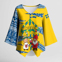 Sweden Christmas Kimono Sleeve Blouse with Santa Lucia Girl Midsummer Pole Swedish Flag and Nordic Pattern Design - Wonder Print Shop