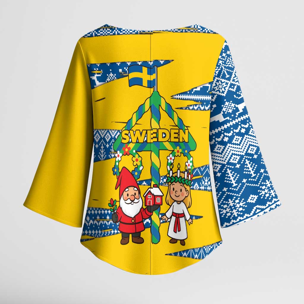 Sweden Christmas Kimono Sleeve Blouse with Santa Lucia Girl Midsummer Pole Swedish Flag and Nordic Pattern Design - Wonder Print Shop