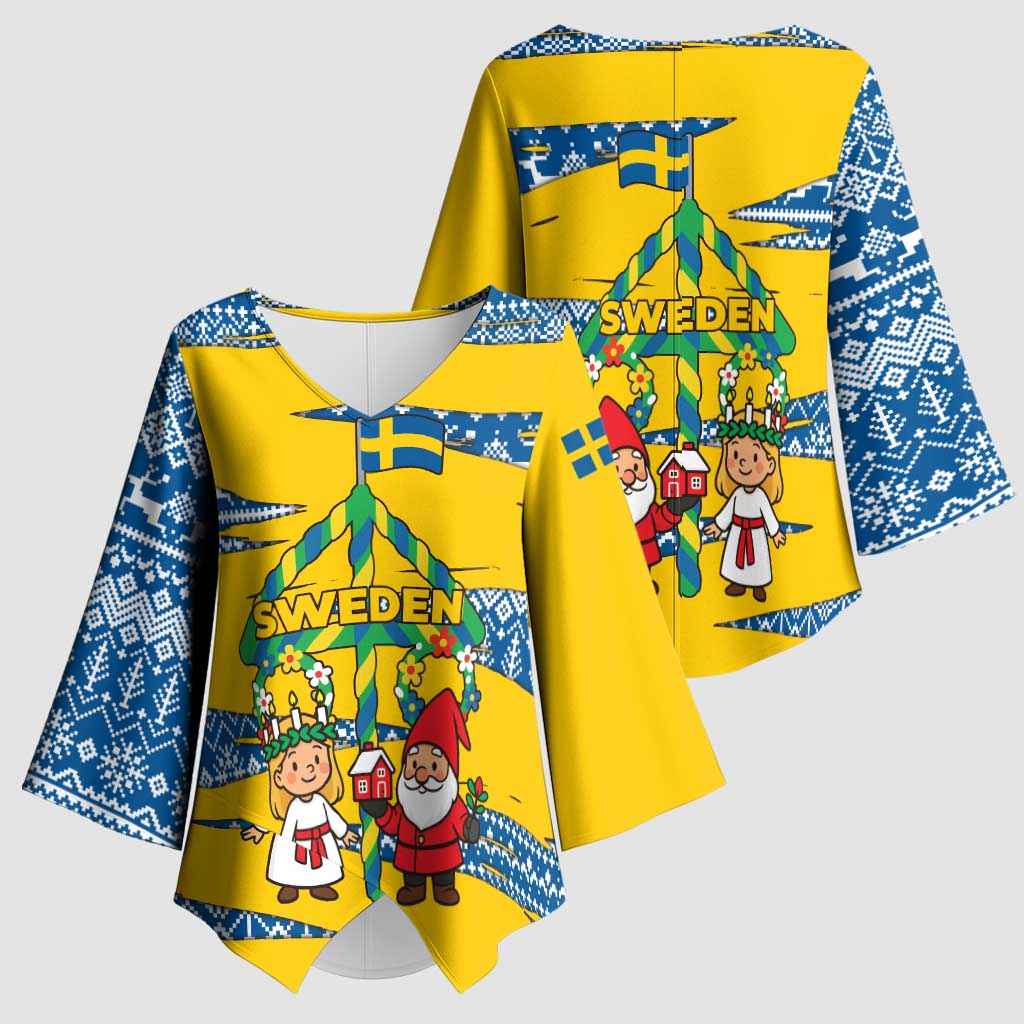 Sweden Christmas Kimono Sleeve Blouse with Santa Lucia Girl Midsummer Pole Swedish Flag and Nordic Pattern Design - Wonder Print Shop