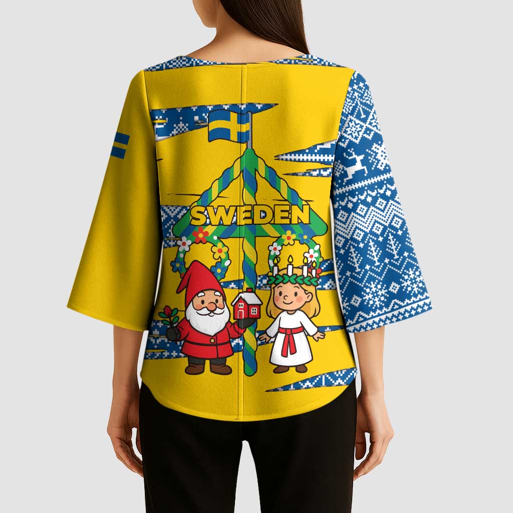 Sweden Christmas Kimono Sleeve Blouse with Santa Lucia Girl Midsummer Pole Swedish Flag and Nordic Pattern Design - Wonder Print Shop