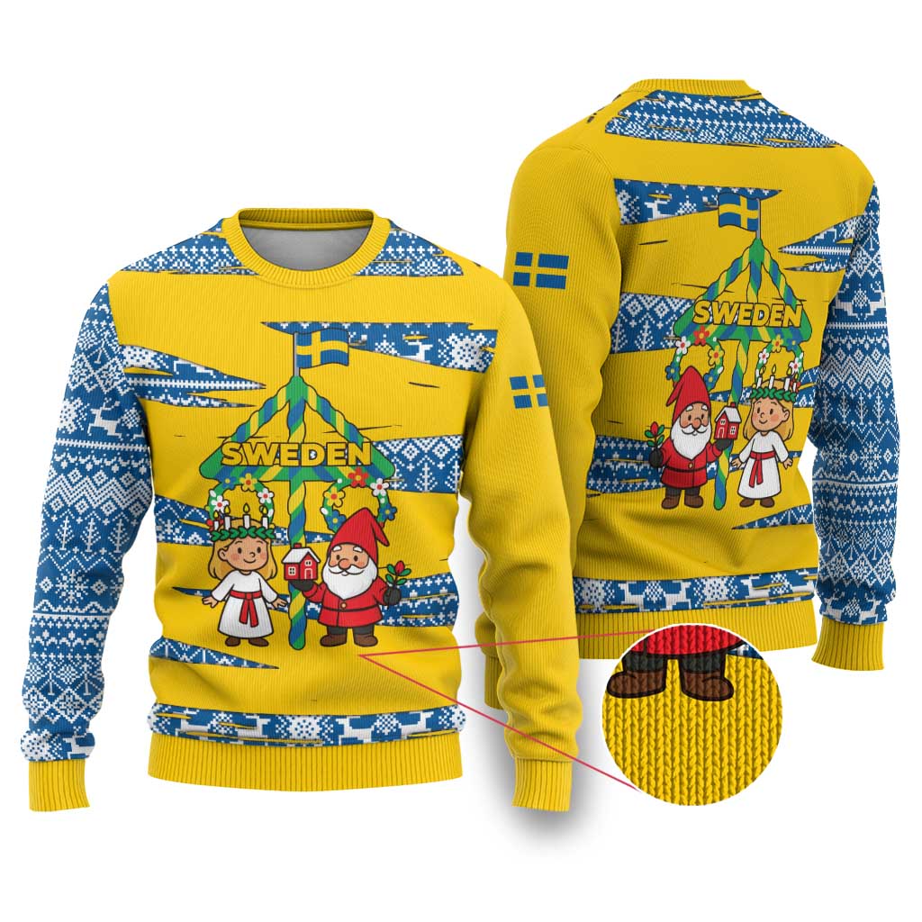 Sweden Christmas Ugly Christmas Sweater with Santa Lucia Girl Midsummer Pole Swedish Flag and Nordic Pattern Design - Wonder Print Shop