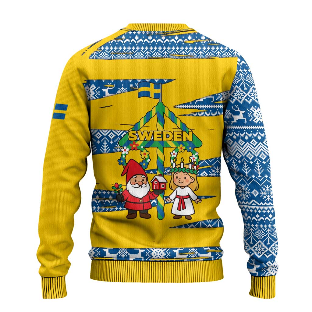 Sweden Christmas Ugly Christmas Sweater with Santa Lucia Girl Midsummer Pole Swedish Flag and Nordic Pattern Design - Wonder Print Shop