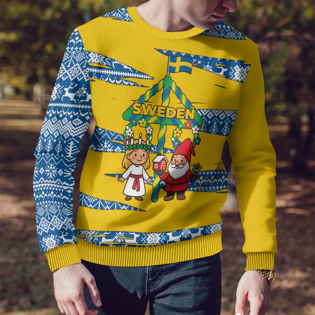 Sweden Christmas Ugly Christmas Sweater with Santa Lucia Girl Midsummer Pole Swedish Flag and Nordic Pattern Design - Wonder Print Shop