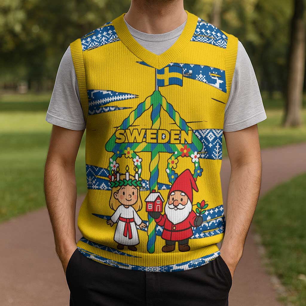 Sweden Christmas Knitted V-Neck Vest with Santa Lucia Girl Midsummer Pole Swedish Flag and Nordic Pattern Design - Wonder Print Shop