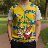 Sweden Christmas Knitted V-Neck Vest with Santa Lucia Girl Midsummer Pole Swedish Flag and Nordic Pattern Design - Wonder Print Shop