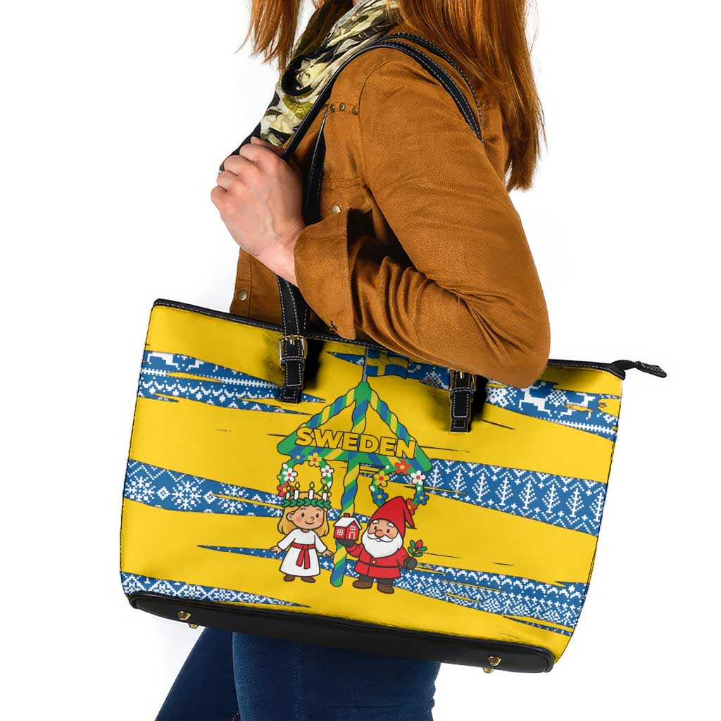 Sweden Christmas Leather Tote Bag with Santa Lucia Girl Midsummer Pole Swedish Flag and Nordic Pattern Design - Wonder Print Shop