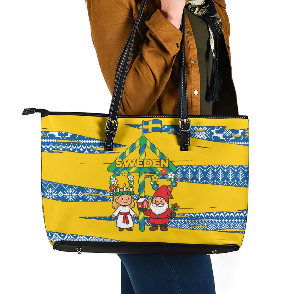 Sweden Christmas Leather Tote Bag with Santa Lucia Girl Midsummer Pole Swedish Flag and Nordic Pattern Design - Wonder Print Shop