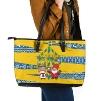 Sweden Christmas Leather Tote Bag with Santa Lucia Girl Midsummer Pole Swedish Flag and Nordic Pattern Design - Wonder Print Shop