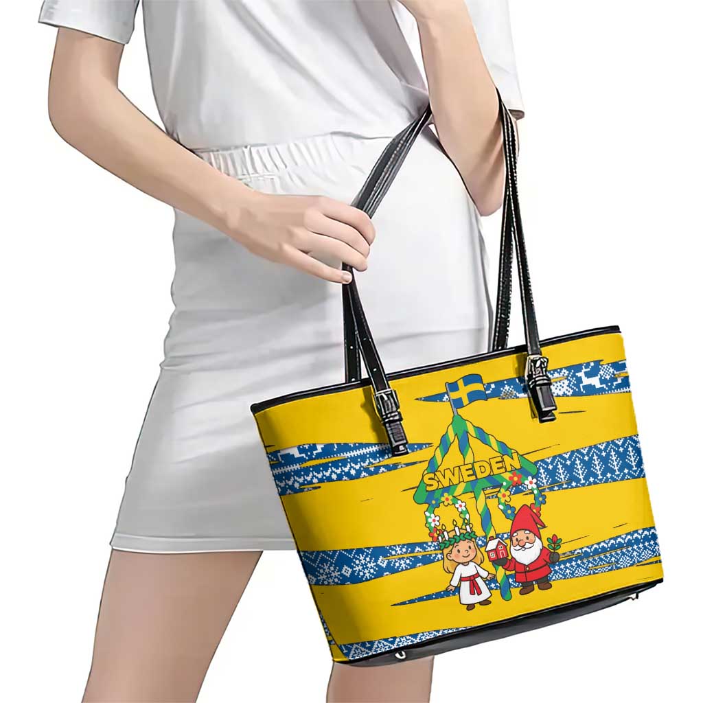 Sweden Christmas Leather Tote Bag with Santa Lucia Girl Midsummer Pole Swedish Flag and Nordic Pattern Design - Wonder Print Shop
