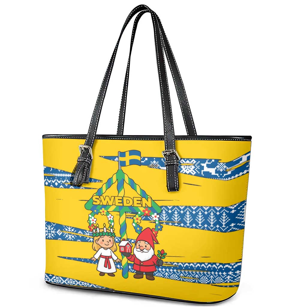 Sweden Christmas Leather Tote Bag with Santa Lucia Girl Midsummer Pole Swedish Flag and Nordic Pattern Design - Wonder Print Shop
