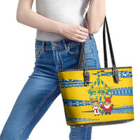 Sweden Christmas Leather Tote Bag with Santa Lucia Girl Midsummer Pole Swedish Flag and Nordic Pattern Design - Wonder Print Shop