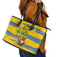 Sweden Christmas Leather Tote Bag with Santa Lucia Girl Midsummer Pole Swedish Flag and Nordic Pattern Design - Wonder Print Shop