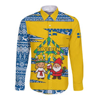 Sweden Christmas Long Sleeve Button Shirt with Santa Lucia Girl Midsummer Pole Swedish Flag and Nordic Pattern Design - Wonder Print Shop