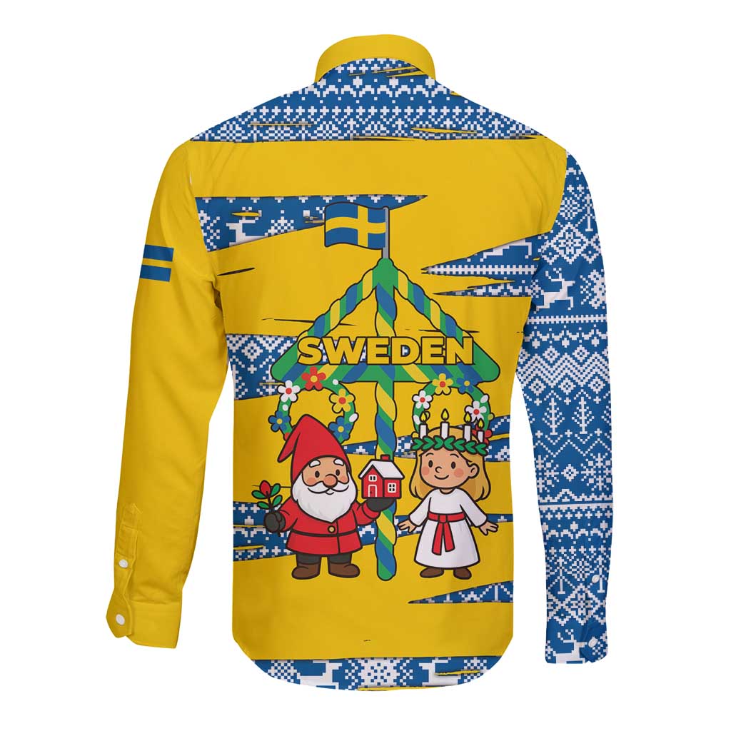 Sweden Christmas Long Sleeve Button Shirt with Santa Lucia Girl Midsummer Pole Swedish Flag and Nordic Pattern Design - Wonder Print Shop
