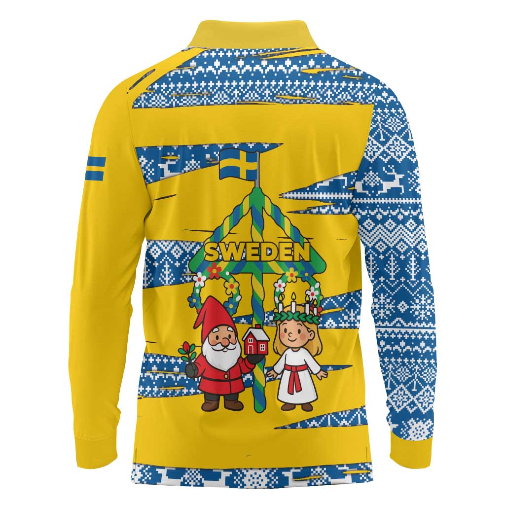 Sweden Christmas Long Sleeve Polo Shirt with Santa Lucia Girl Midsummer Pole Swedish Flag and Nordic Pattern Design - Wonder Print Shop