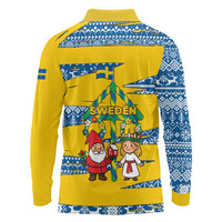 Sweden Christmas Long Sleeve Polo Shirt with Santa Lucia Girl Midsummer Pole Swedish Flag and Nordic Pattern Design - Wonder Print Shop