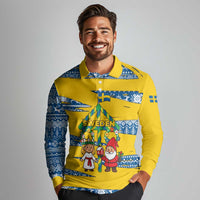 Sweden Christmas Long Sleeve Polo Shirt with Santa Lucia Girl Midsummer Pole Swedish Flag and Nordic Pattern Design - Wonder Print Shop