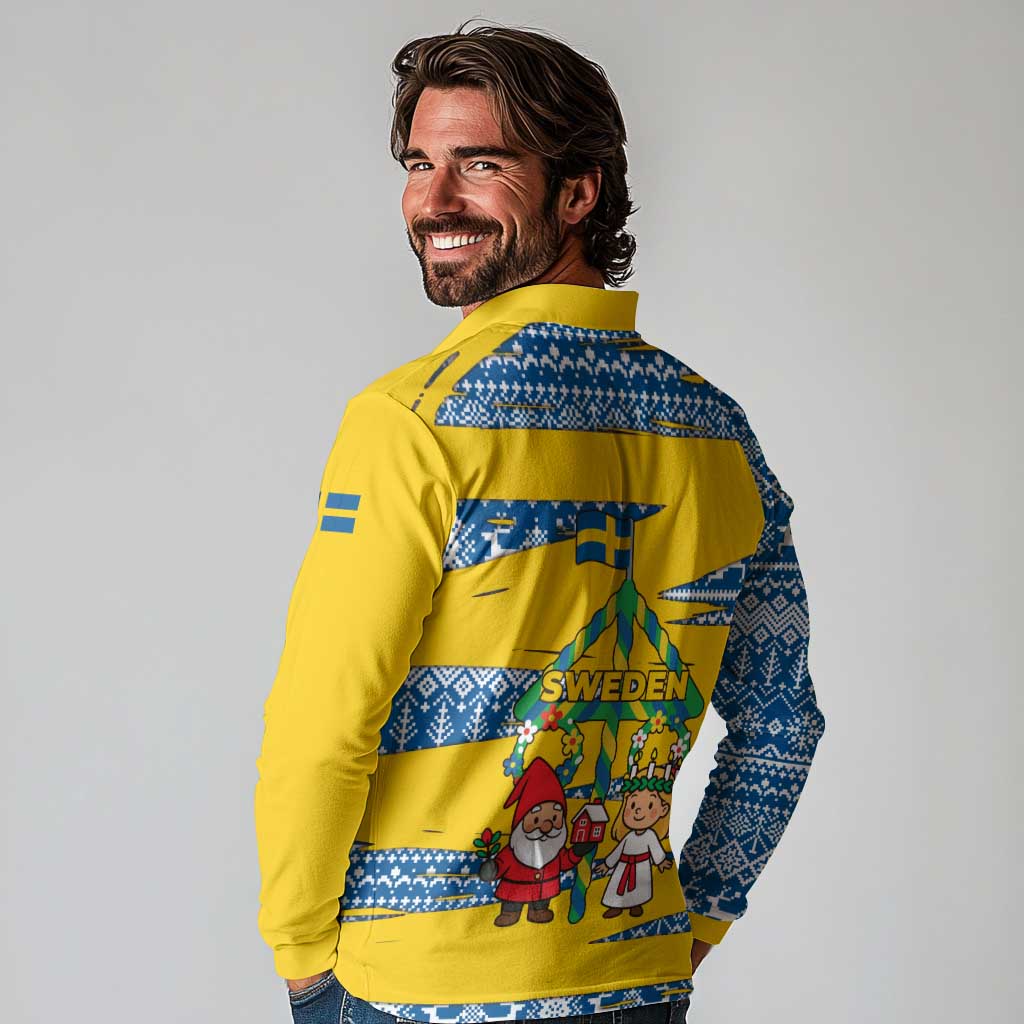 Sweden Christmas Long Sleeve Polo Shirt with Santa Lucia Girl Midsummer Pole Swedish Flag and Nordic Pattern Design - Wonder Print Shop