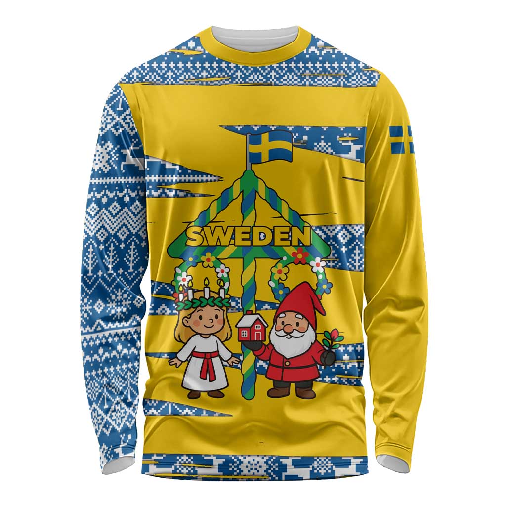 Sweden Christmas Long Sleeve Shirt with Santa Lucia Girl Midsummer Pole Swedish Flag and Nordic Pattern Design - Wonder Print Shop