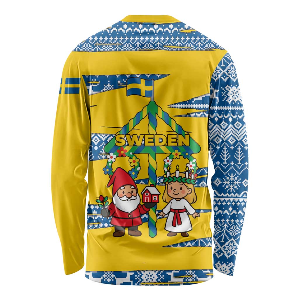 Sweden Christmas Long Sleeve Shirt with Santa Lucia Girl Midsummer Pole Swedish Flag and Nordic Pattern Design - Wonder Print Shop