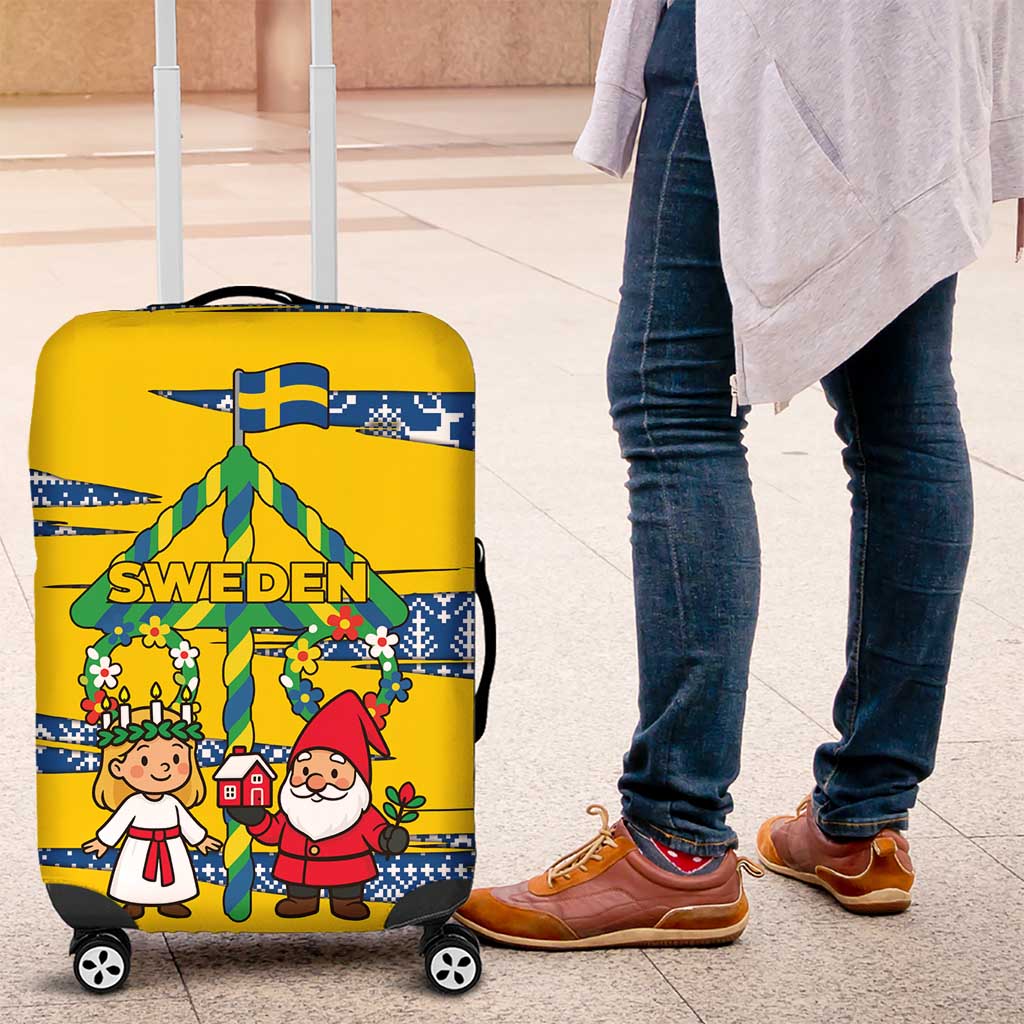 Sweden Christmas Luggage Cover with Santa Lucia Girl Midsummer Pole Swedish Flag and Nordic Pattern Design - Wonder Print Shop