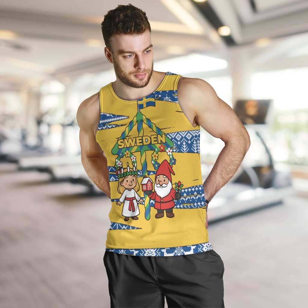 Sweden Christmas Men Tank Top with Santa Lucia Girl Midsummer Pole Swedish Flag and Nordic Pattern Design - Wonder Print Shop