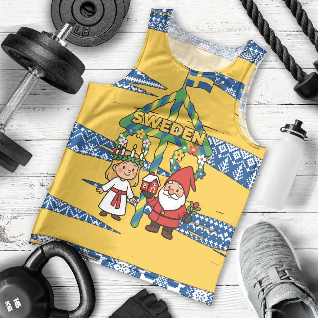 Sweden Christmas Men Tank Top with Santa Lucia Girl Midsummer Pole Swedish Flag and Nordic Pattern Design - Wonder Print Shop