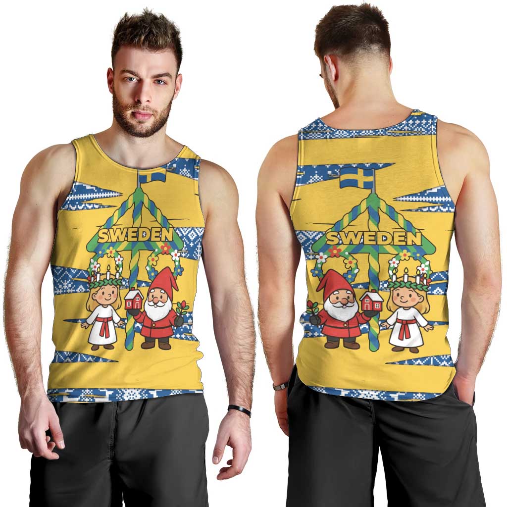 Sweden Christmas Men Tank Top with Santa Lucia Girl Midsummer Pole Swedish Flag and Nordic Pattern Design - Wonder Print Shop