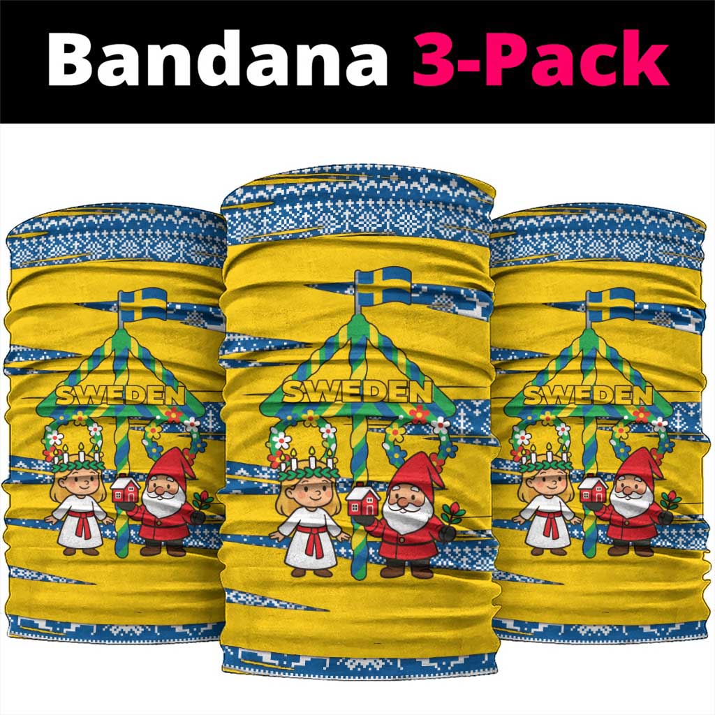 Sweden Christmas Neck Gaiter with Santa Lucia Girl Midsummer Pole Swedish Flag and Nordic Pattern Design - Wonder Print Shop