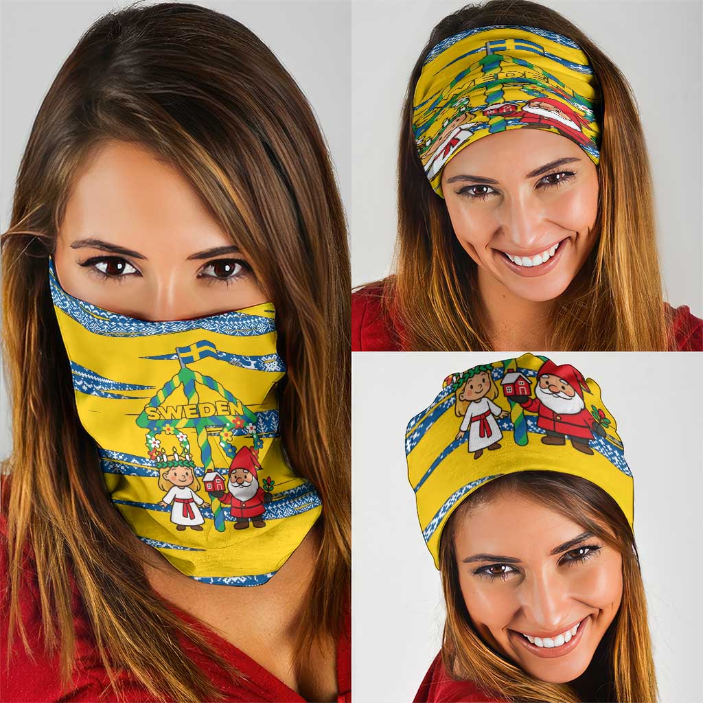 Sweden Christmas Neck Gaiter with Santa Lucia Girl Midsummer Pole Swedish Flag and Nordic Pattern Design - Wonder Print Shop