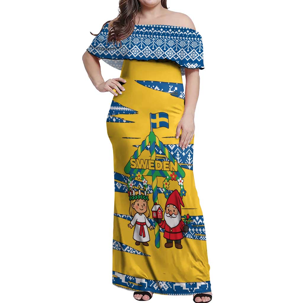 Sweden Christmas Off Shoulder Maxi Dress with Santa Lucia Girl Midsummer Pole Swedish Flag and Nordic Pattern Design - Wonder Print Shop