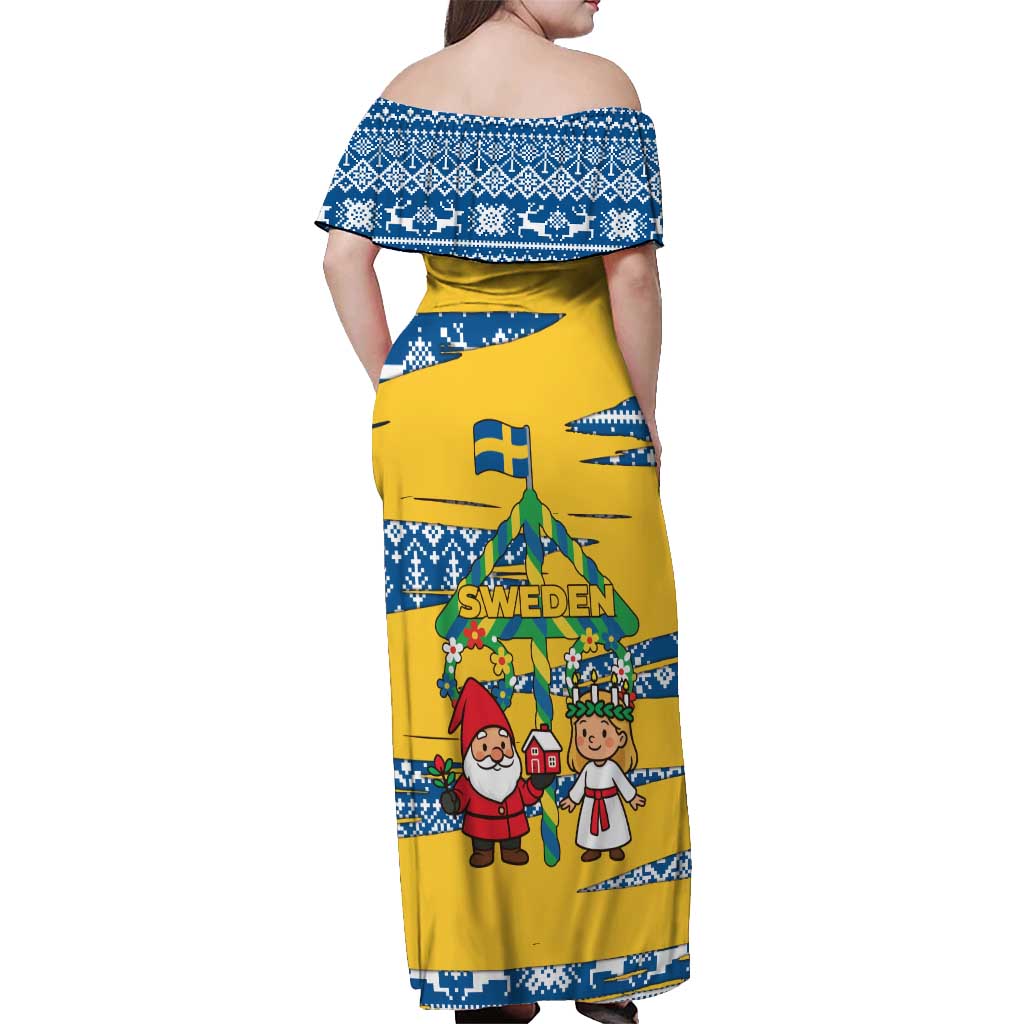Sweden Christmas Off Shoulder Maxi Dress with Santa Lucia Girl Midsummer Pole Swedish Flag and Nordic Pattern Design - Wonder Print Shop