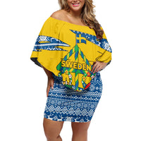 Sweden Christmas Off Shoulder Short Dress with Santa Lucia Girl Midsummer Pole Swedish Flag and Nordic Pattern Design - Wonder Print Shop