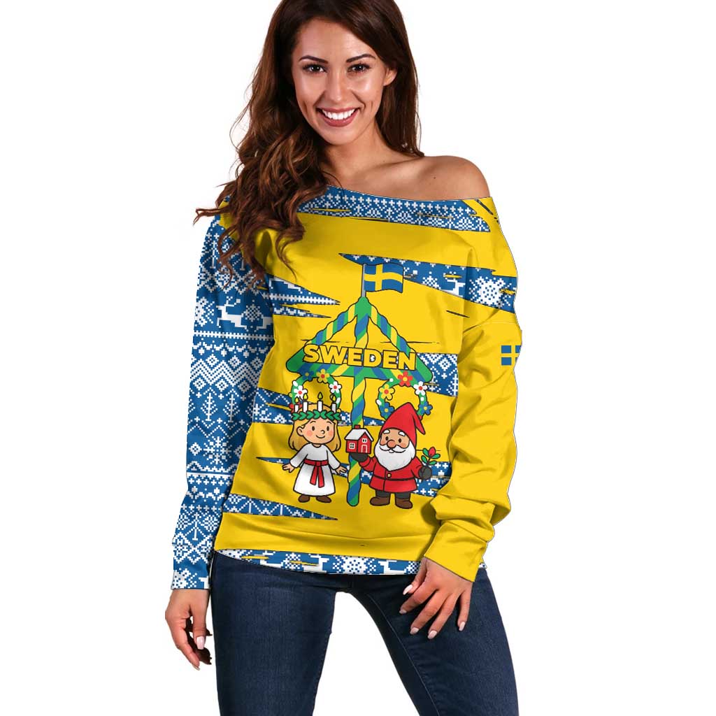 Sweden Christmas Off Shoulder Sweater with Santa Lucia Girl Midsummer Pole Swedish Flag and Nordic Pattern Design - Wonder Print Shop