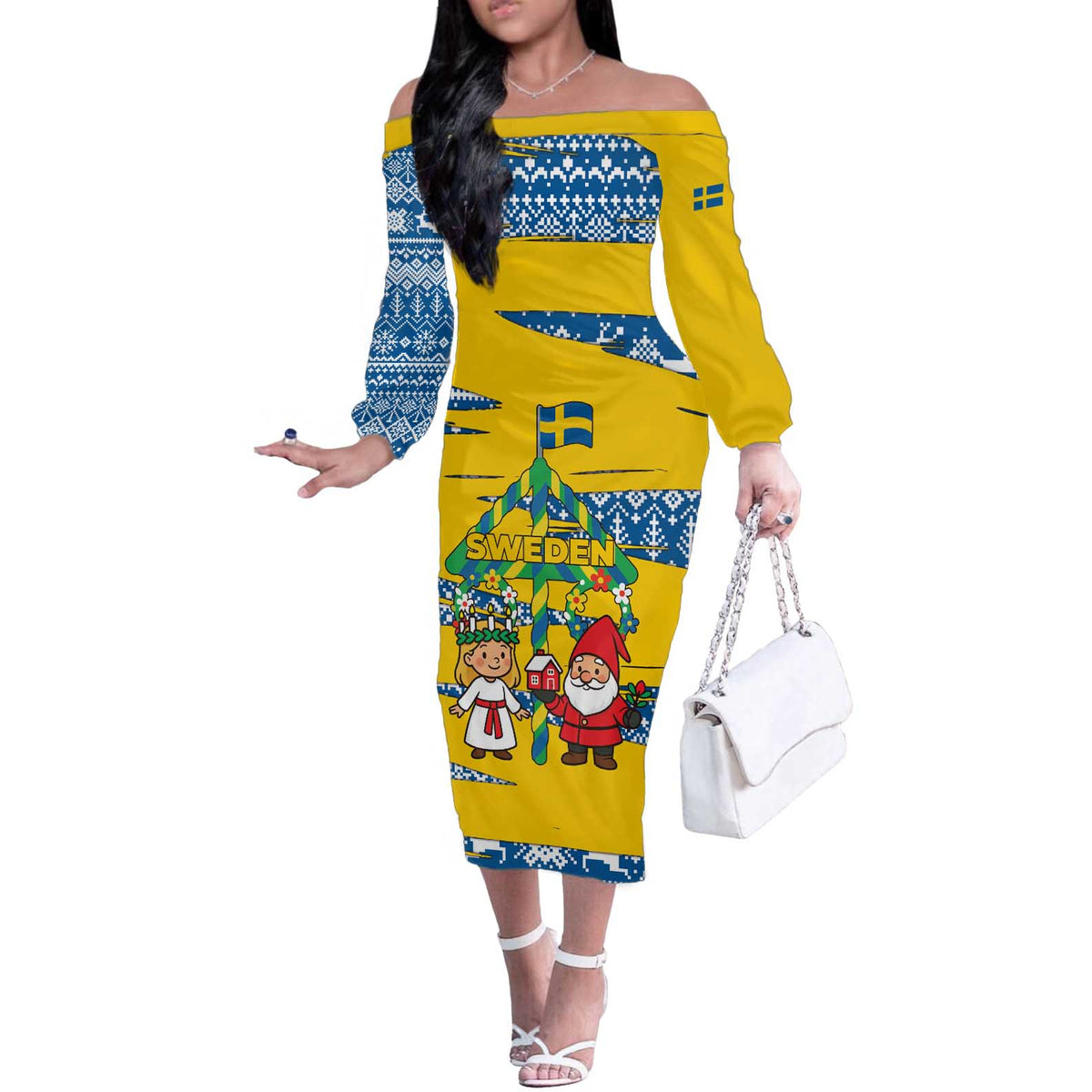 Sweden Christmas Off The Shoulder Long Sleeve Dress with Santa Lucia Girl Midsummer Pole Swedish Flag and Nordic Pattern Design - Wonder Print Shop