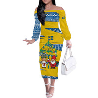 Sweden Christmas Off The Shoulder Long Sleeve Dress with Santa Lucia Girl Midsummer Pole Swedish Flag and Nordic Pattern Design - Wonder Print Shop