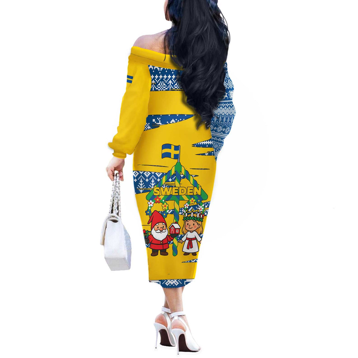 Sweden Christmas Off The Shoulder Long Sleeve Dress with Santa Lucia Girl Midsummer Pole Swedish Flag and Nordic Pattern Design - Wonder Print Shop
