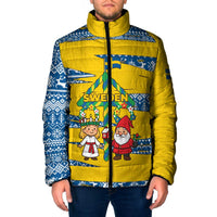 Sweden Christmas Padded Jacket with Santa Lucia Girl Midsummer Pole Swedish Flag and Nordic Pattern Design - Wonder Print Shop