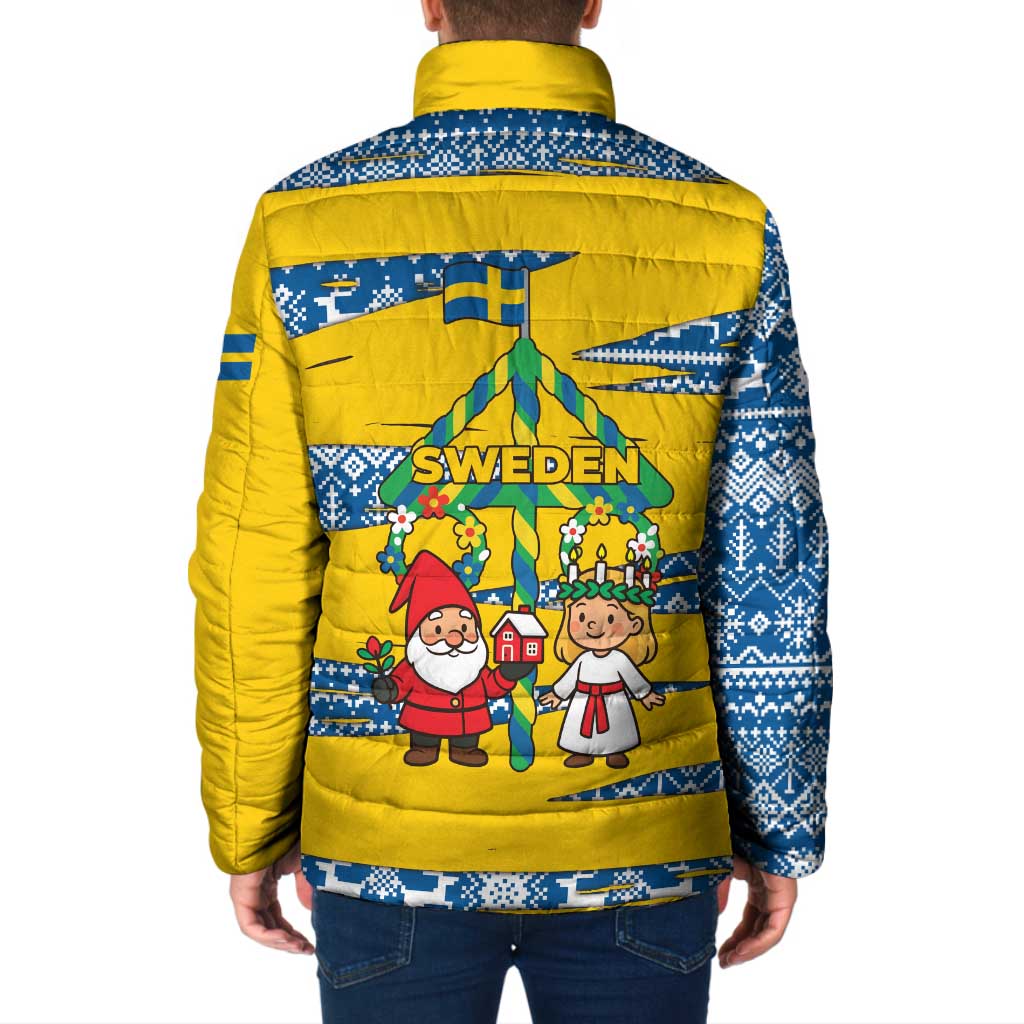 Sweden Christmas Padded Jacket with Santa Lucia Girl Midsummer Pole Swedish Flag and Nordic Pattern Design - Wonder Print Shop
