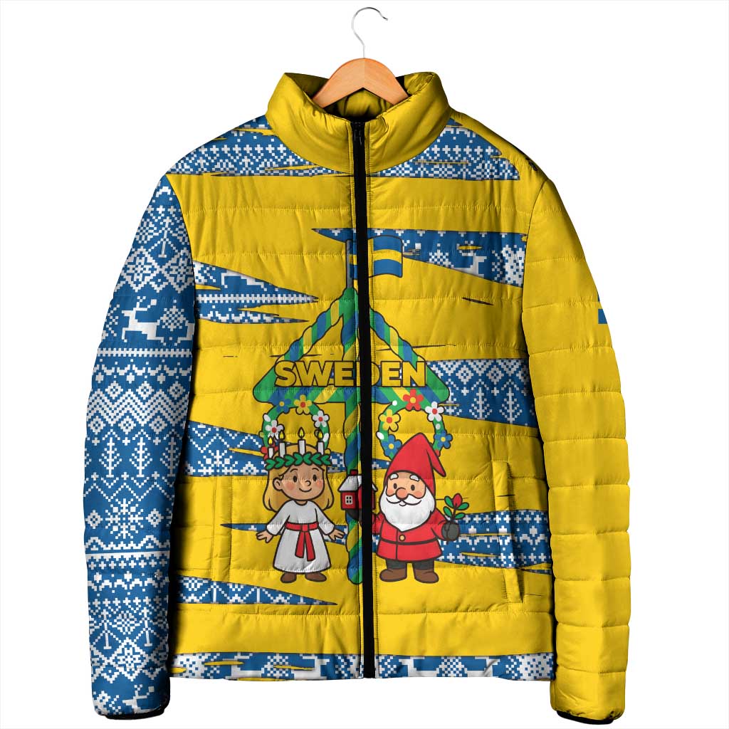 Sweden Christmas Padded Jacket with Santa Lucia Girl Midsummer Pole Swedish Flag and Nordic Pattern Design - Wonder Print Shop