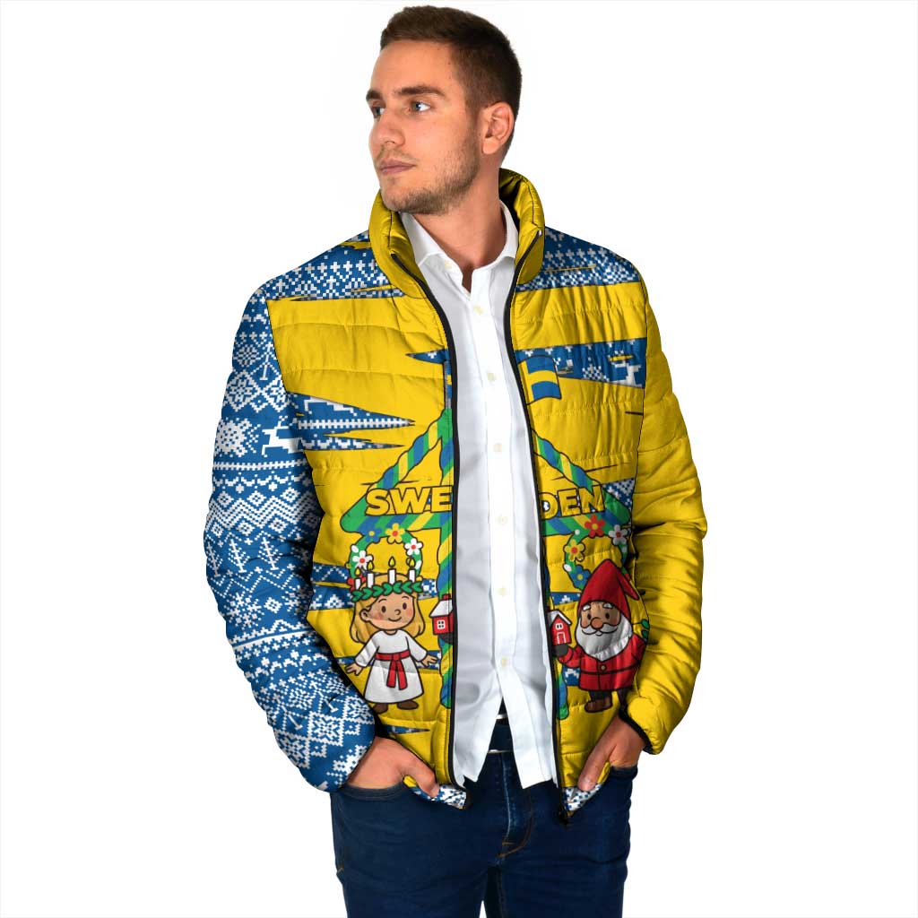Sweden Christmas Padded Jacket with Santa Lucia Girl Midsummer Pole Swedish Flag and Nordic Pattern Design - Wonder Print Shop